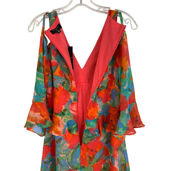 Tahari 2P Cold Shoulder Chiffon Floral Dress Ruffle High Low RDD10669 NWT - Picture 6 of 11